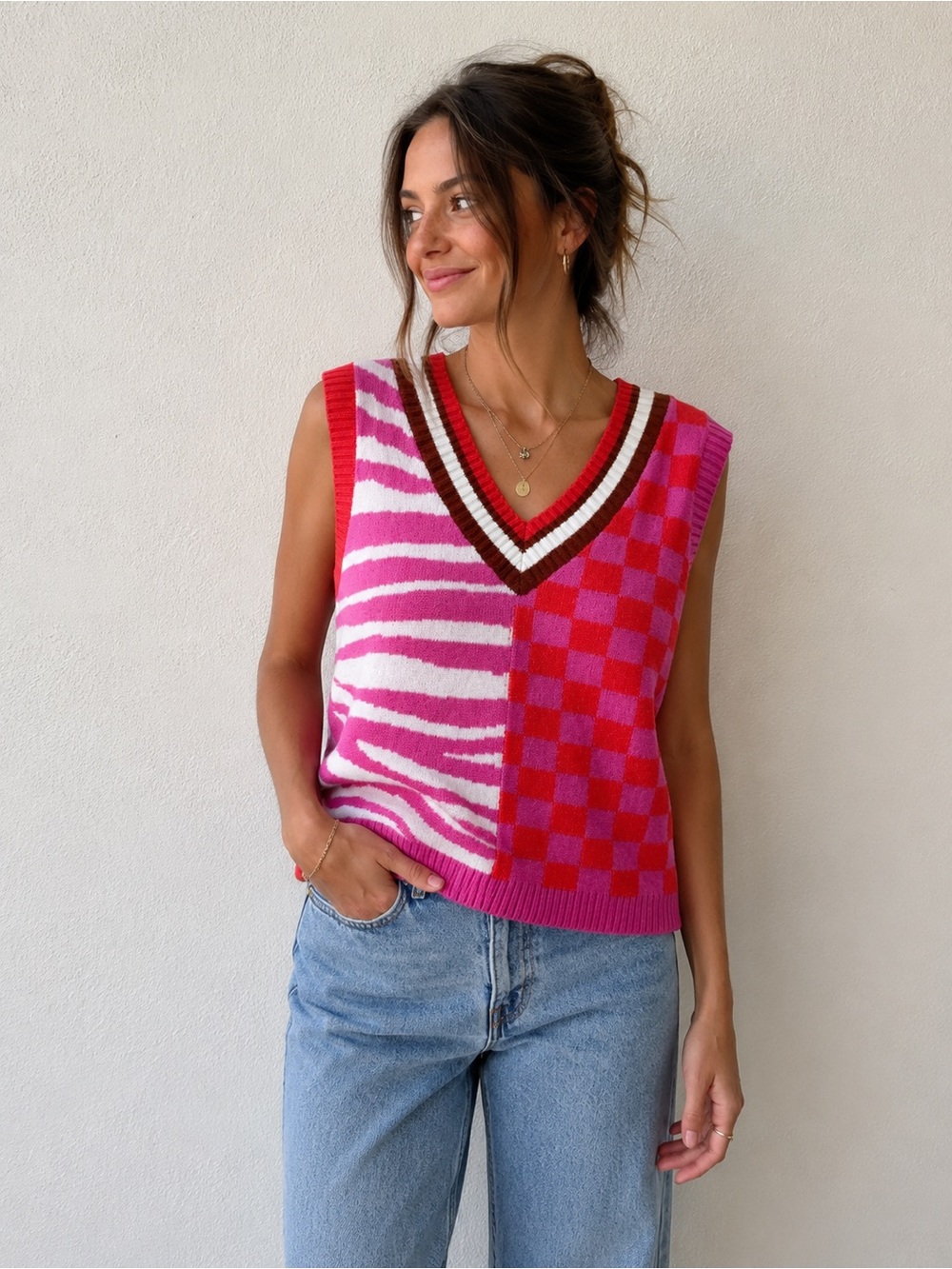 THML Colorblock Sweater Vest XL | Pink Zebra & Checkerboard V-Neck Knit